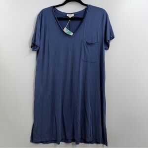 Umgee Blue V Neck Swing Dress Tunic Pocket Short Sleeve Medium NWT Super soft